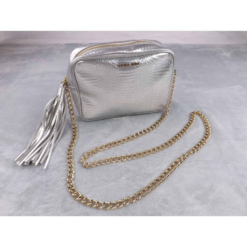 Victoria's Secret Bag/Purse Silver Metallic Faux Leather Faux Croc Chain Strap